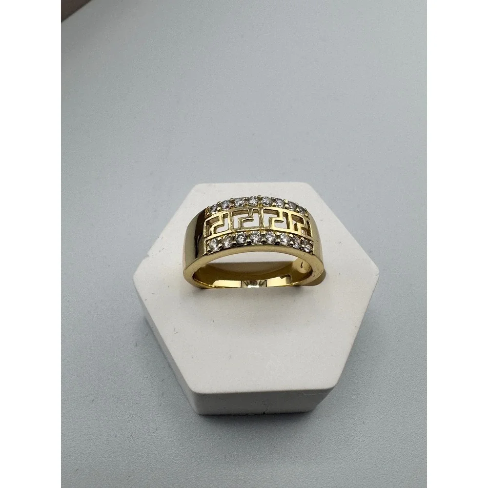 Gold Plated Greek Key Fretwork Ring Cubic Zirconia Accents Size 7